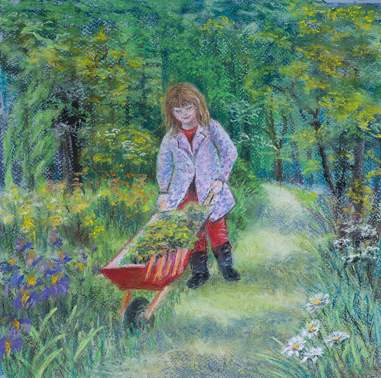 Pomoc dziadkowi w ogrodzie, 2020 (pastel) autorstwa Margo Starkey