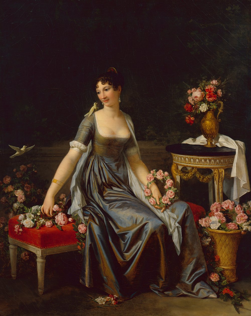 Portret damy w otoczeniu kwiatów i ptaków, ok. 1800 (olej na płótnie) autorstwa Marguerite Gerard