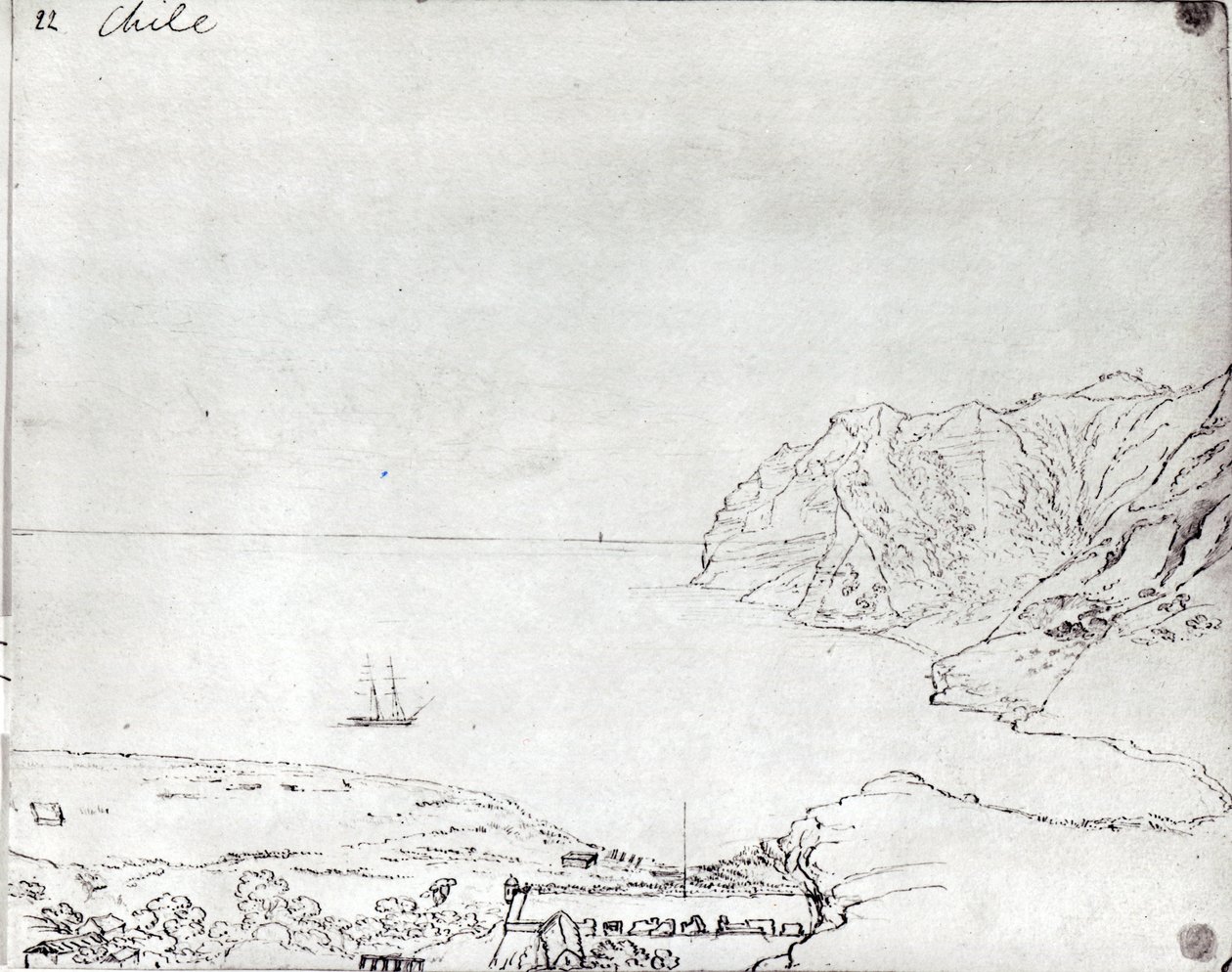 Widok na wybrzeże Chile (pióro i tusz na papierze) autorstwa Maria Callcott