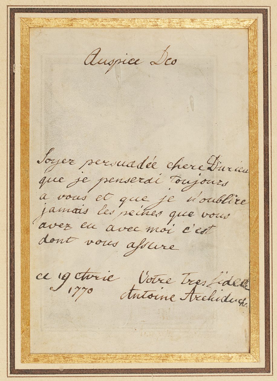 Autograf listu do Teresy lub Barbe Durieux z dnia 19 kwietnia 1770 r autorstwa Maria Antonia Josepha Johanna von Habsburg Lothringen