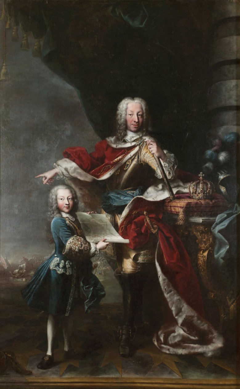 "Wiktor Amadeusz III jako dziecko pokazuje swojemu ojcu Karolowi Emanuelowi III Sabaudzkiemu mapę zamku w Mediolanie. portret Karola Emanuela III i Wiktora Amadeusza III Sabaudzkiego". autorstwa Maria Giovanna Clementi