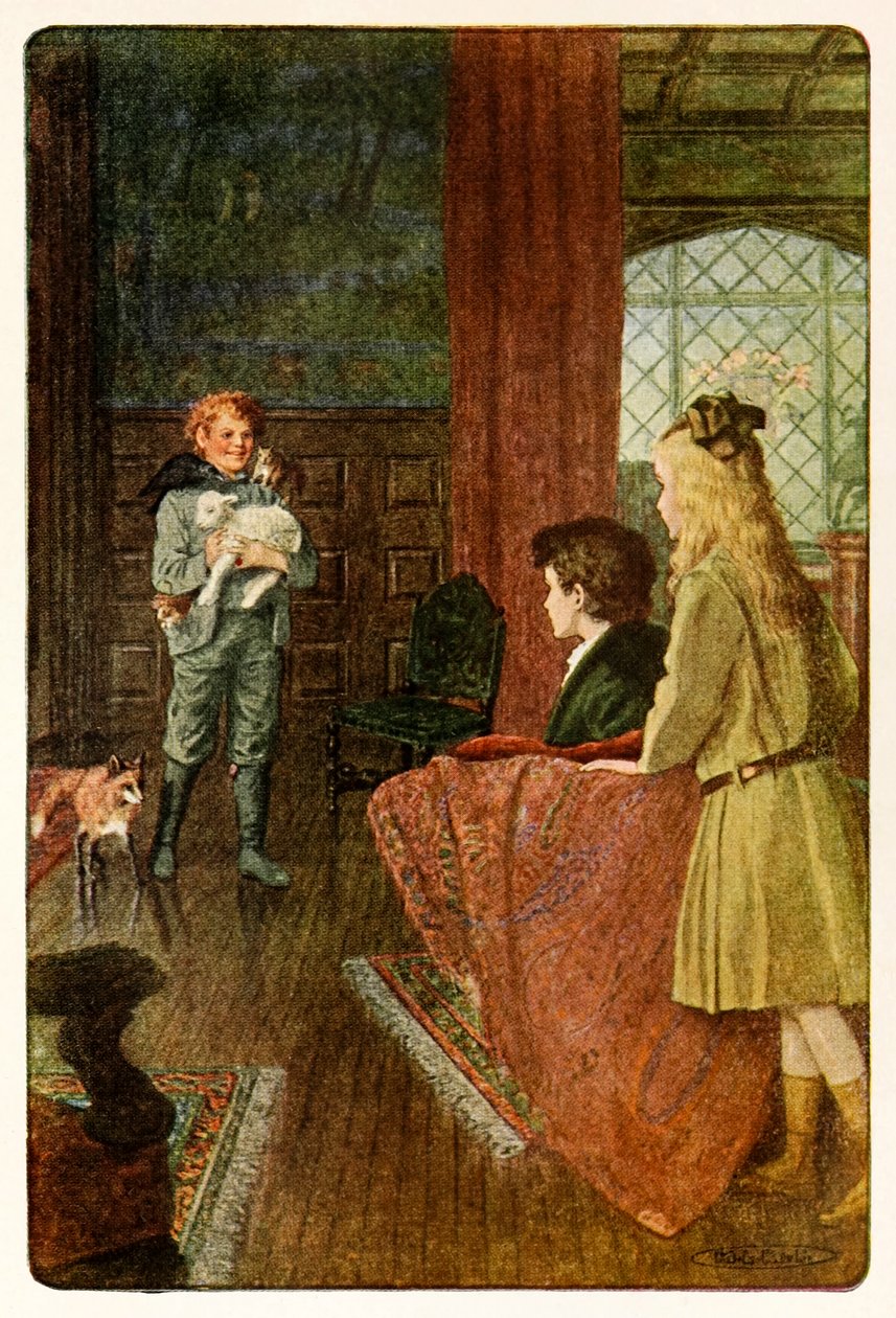 „Dickon wszedł uśmiechając się swoim najmilszym szerokim uśmiechem” z Tajemniczego ogrodu Frances Hodgson Burnett (1849-1924) autorstwa Maria Louise Kirk