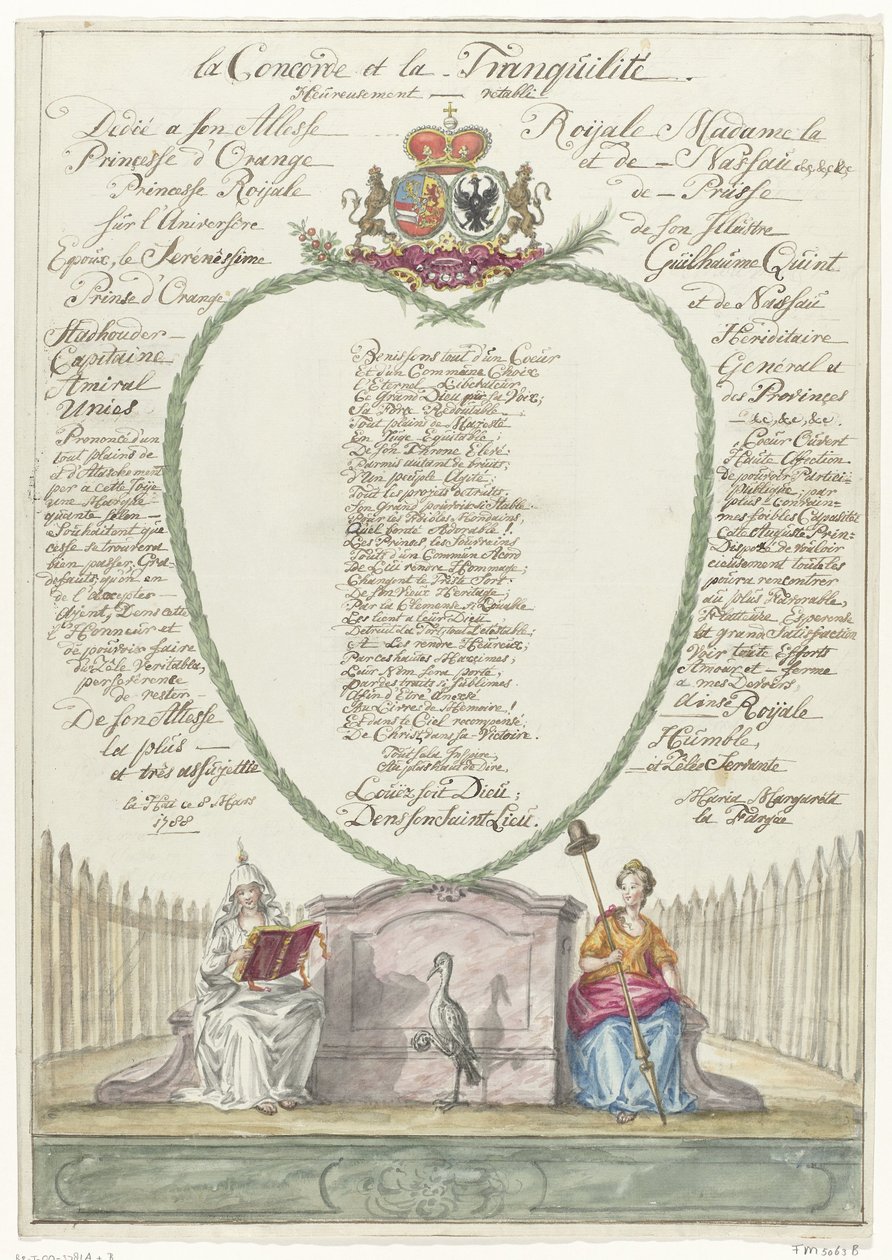 Wiersz dla księżniczki Wilhelminy na czterdzieste urodziny księcia Wilhelma V, 1788 la Concorde et la Tranquilité (tytuł na obiekcie) autorstwa Maria Margaretha la Fargue