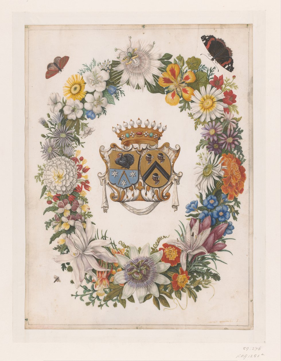 Herb Sojuszu Cornelisa Calkoena i Marii van der Merct Herb sojuszu Cornelisa Calkoena i Marii van der Merct w wieńcu kwiatów autorstwa Maria Moninckx