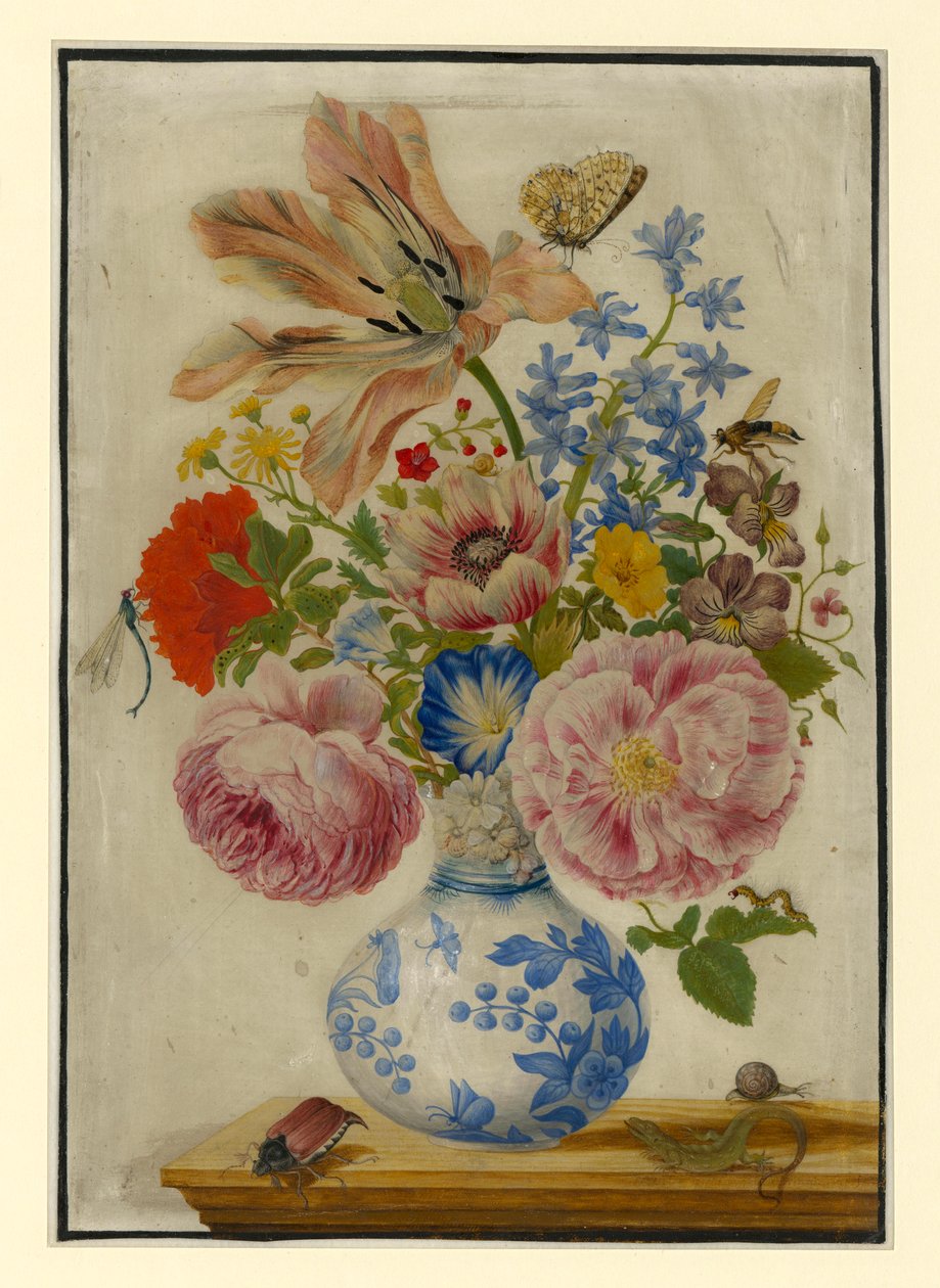 Chiński wazon z różami, makami i goździkami autorstwa Maria Sibylla Merian
