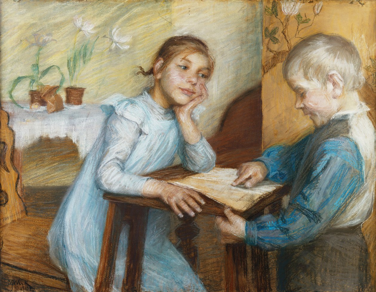 Wnętrze z chłopcem czytającym dziewczynie, 1912 autorstwa Maria Wiik