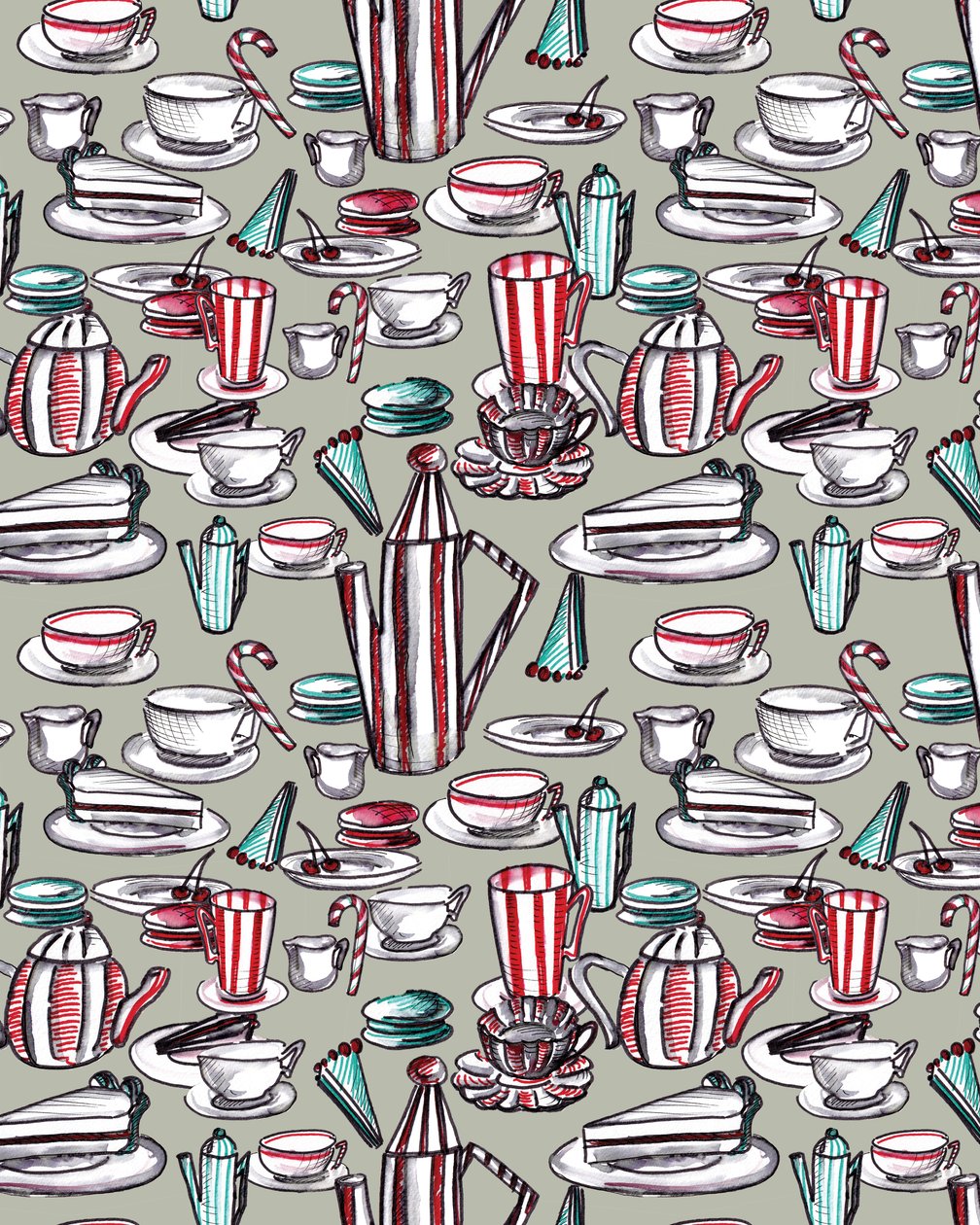 Candy Stripe Tea Party, 2020 (akwarela, pióro, na papierze) autorstwa Marianna Kulukundis