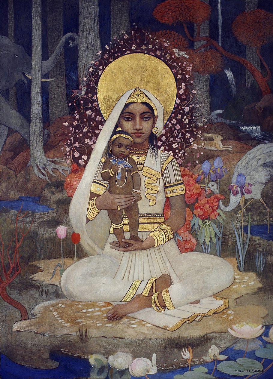 Devaki, Matka Kriszny (tempera i złota farba na papierze ułożona na płycie) autorstwa Marianne Stokes