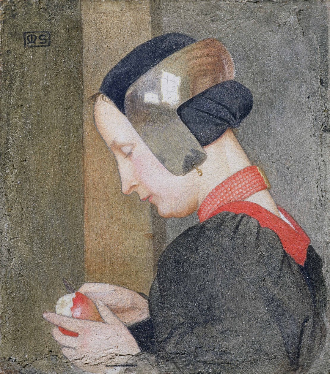 Portret damy obierającej jabłko (tempera na zagęszczonym panelu) autorstwa Marianne Stokes