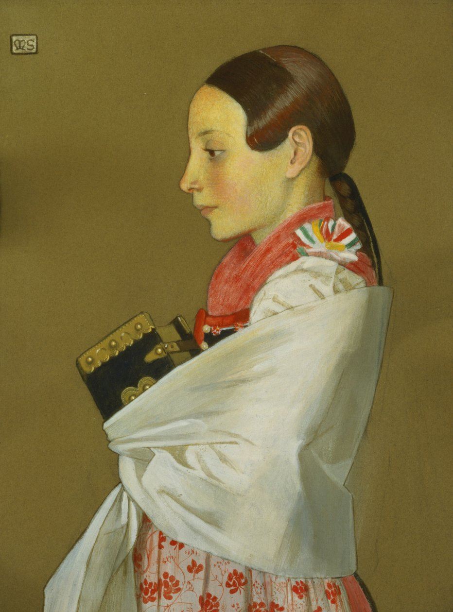 Młoda dziewczyna z Menguszfalvy idąca do kościoła, ok. 1905-07 (węgiel drzewny i gwasz na papierze) autorstwa Marianne Stokes