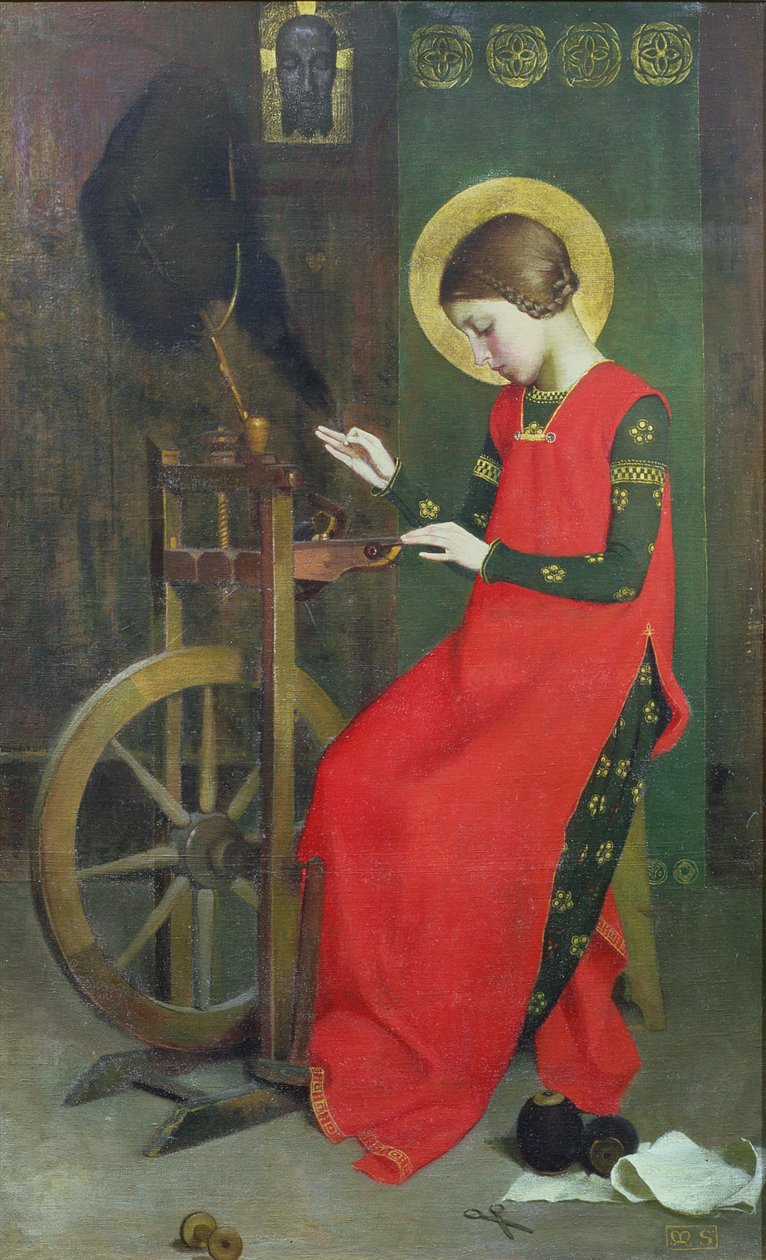 Św. Elżbieta Węgierska przędząca Wełnę dla Ubogich, ok. 1895 autorstwa Marianne Stokes
