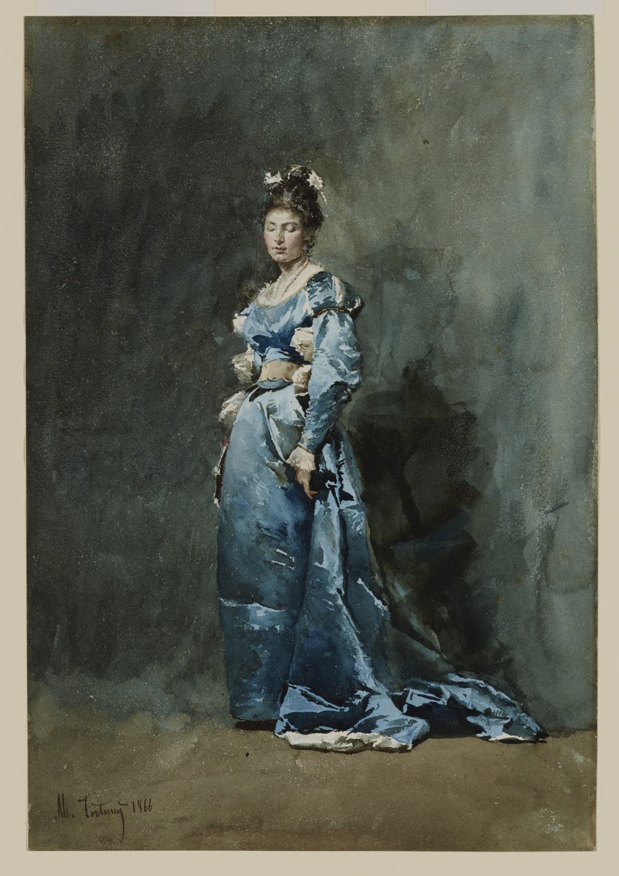 Młoda kobieta w niebieskiej sukience, 1866 (toaleta i biały gwasz na papierze) autorstwa Mariano José María Bernardo Fortuny y Carbó