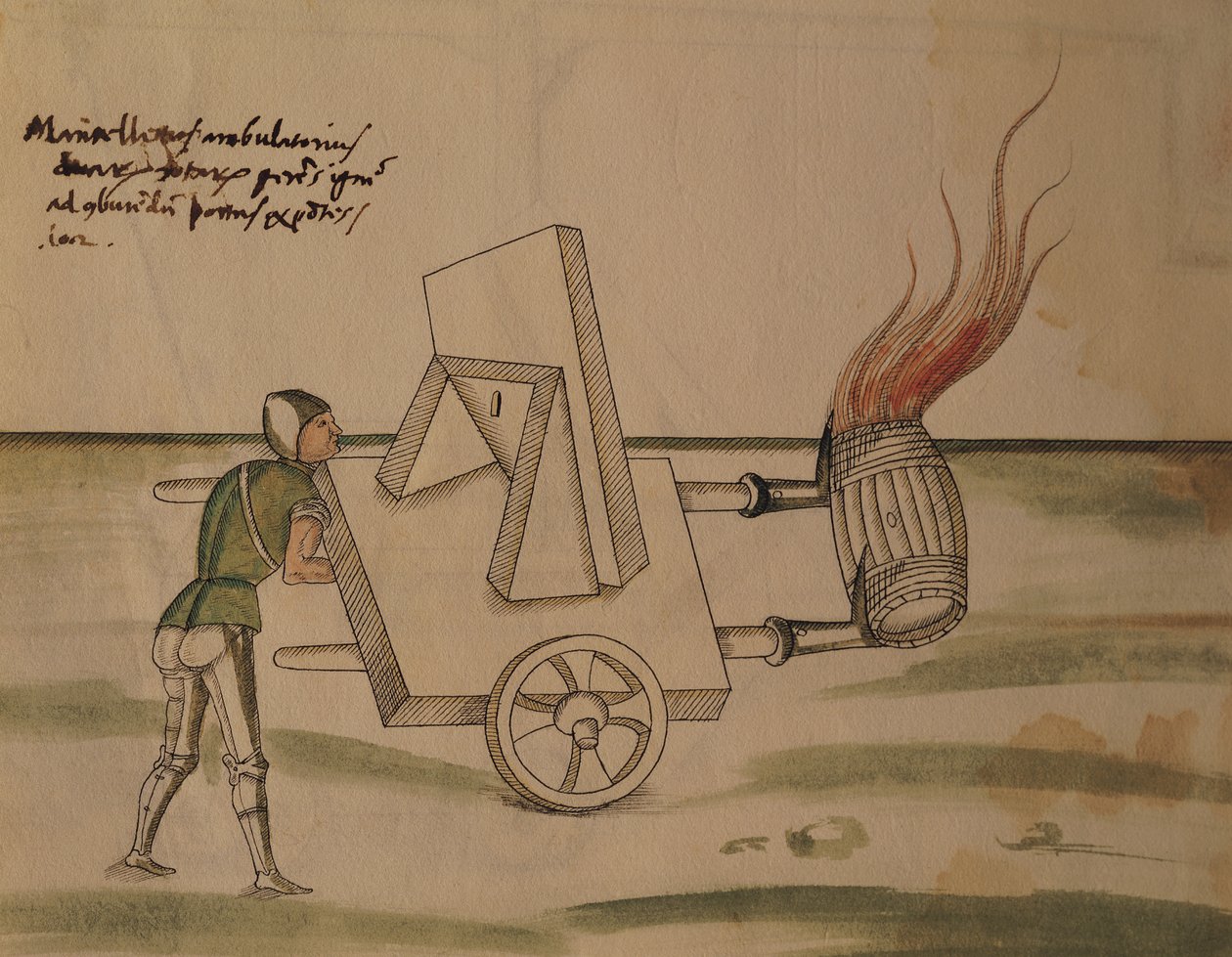 A War Machine, ilustracja z „De Machinis” (pióro i atrament i toaleta na papierze) autorstwa Mariano di Jacopo