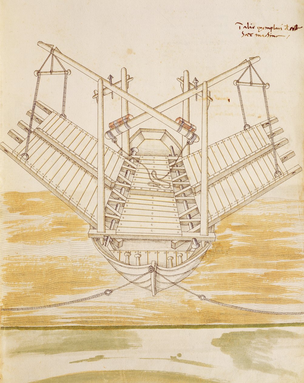 Projekt okrętu wojennego, ilustracja z „De Machinis” (pióro i atrament oraz toaleta na papierze) autorstwa Mariano di Jacopo