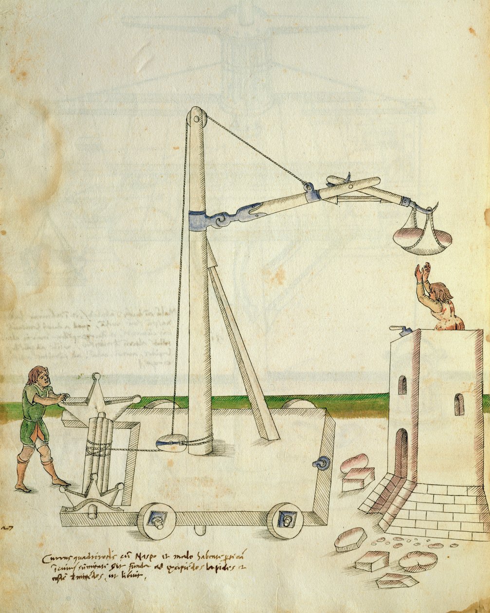Projekt dźwigu do budowy wieży, ilustracja z „De Machinis” (pióro i atrament oraz toaleta na papierze) autorstwa Mariano di Jacopo