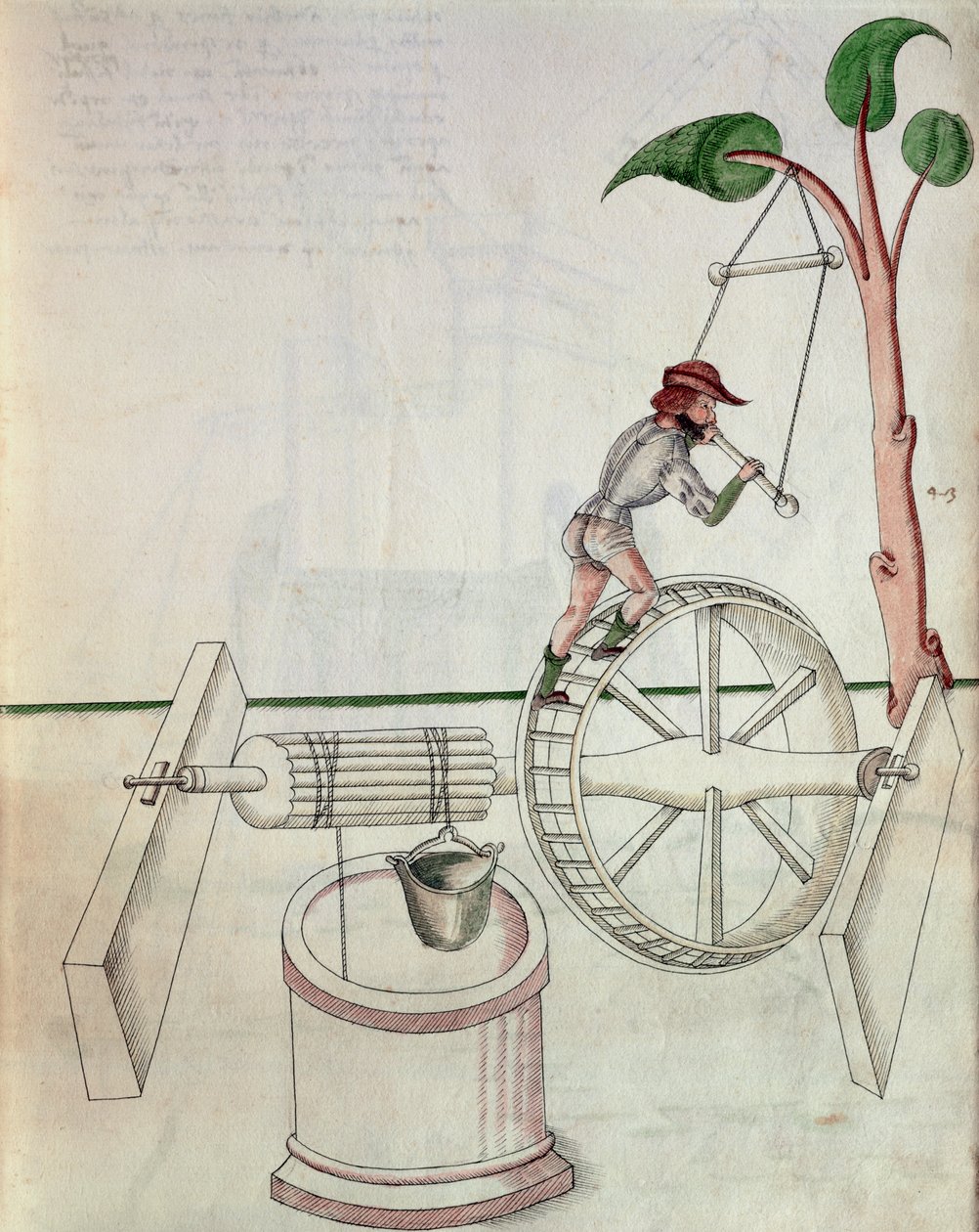 Człowiek wprawiający w ruch studnię napędzaną kołem, ilustracja z „De Machinis” (pióro i atrament oraz toaleta na papierze) autorstwa Mariano di Jacopo