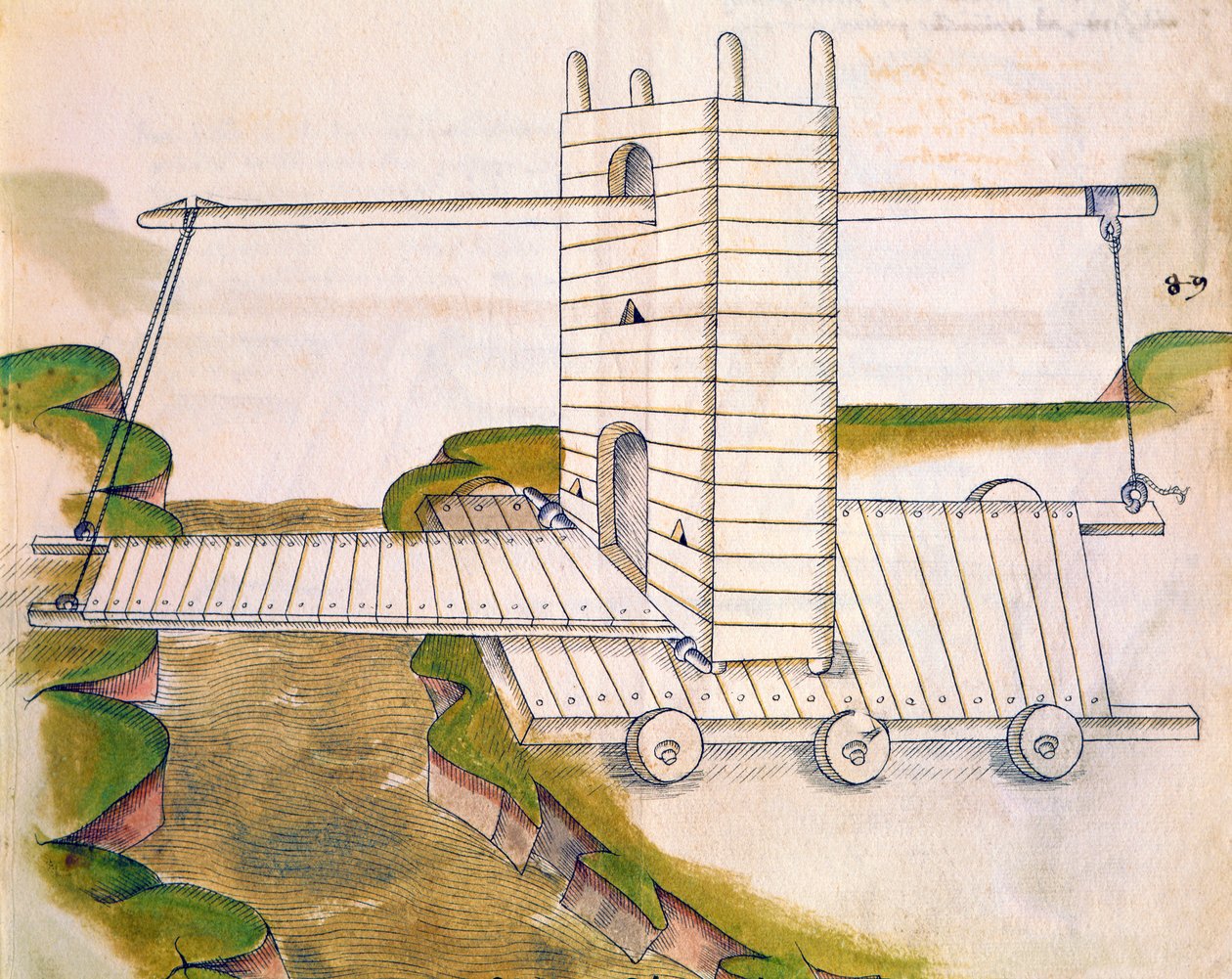 Projekt maszyny z mostem zwodzonym na kołach do użytku w czasie wojny lub oblężeń, ilustracja z De Machinis (pióro i atrament oraz toaleta na papierze) autorstwa Mariano di Jacopo 1382 c.1453 after Mariano di Jacopo 1382 c.1453 after