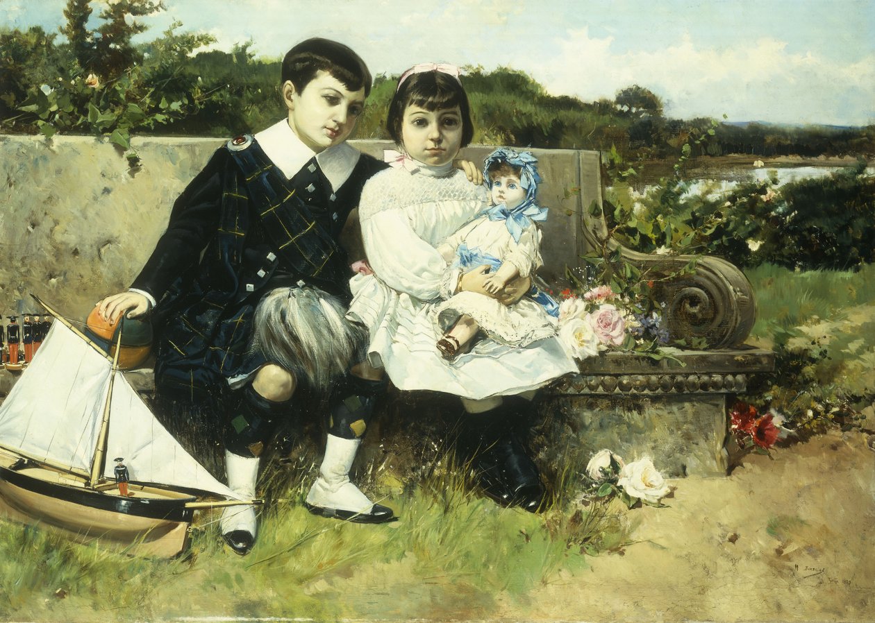 Dwoje dzieci siedzących na ławce w parku, 1882 r autorstwa Mariano Barbasan Lagueruela