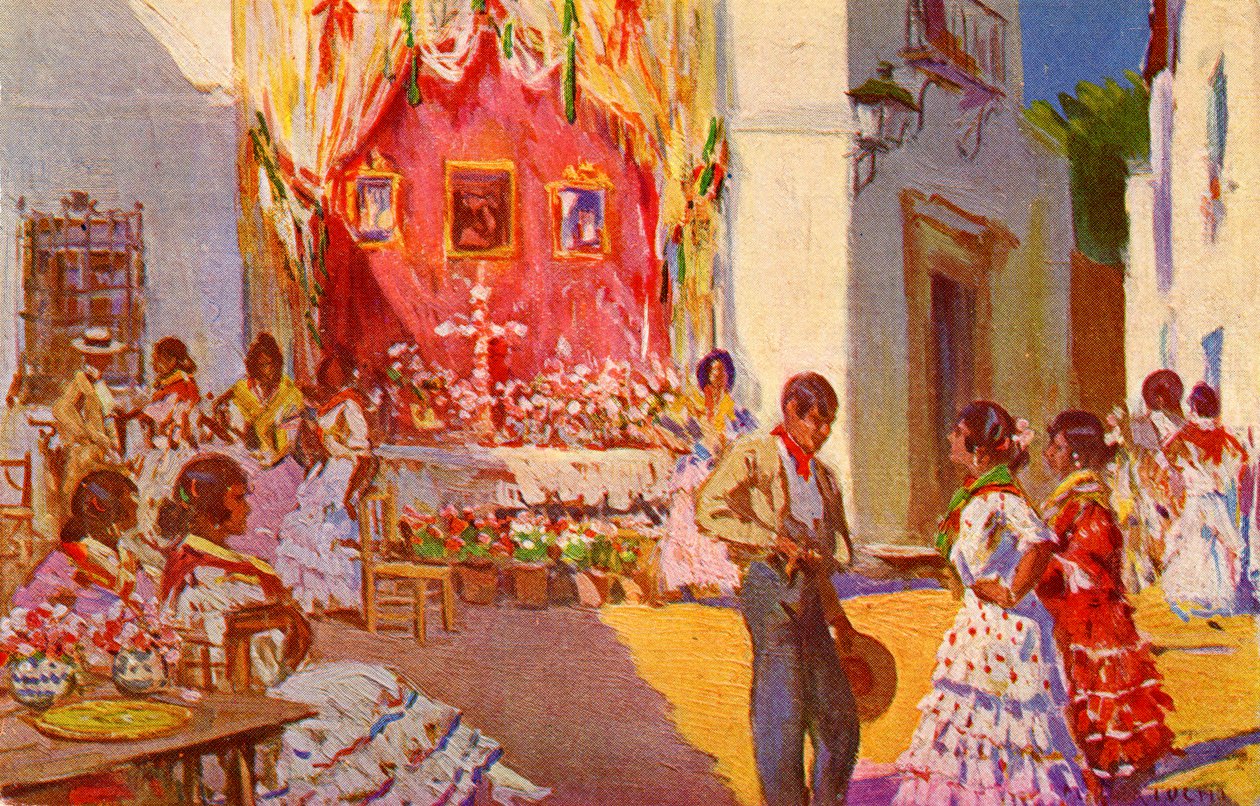 Ołtarz uliczny z okazji festiwalu Cruz de Mayo. Sewilla, Hiszpania (ilustracja) autorstwa Mariano Bertuchi