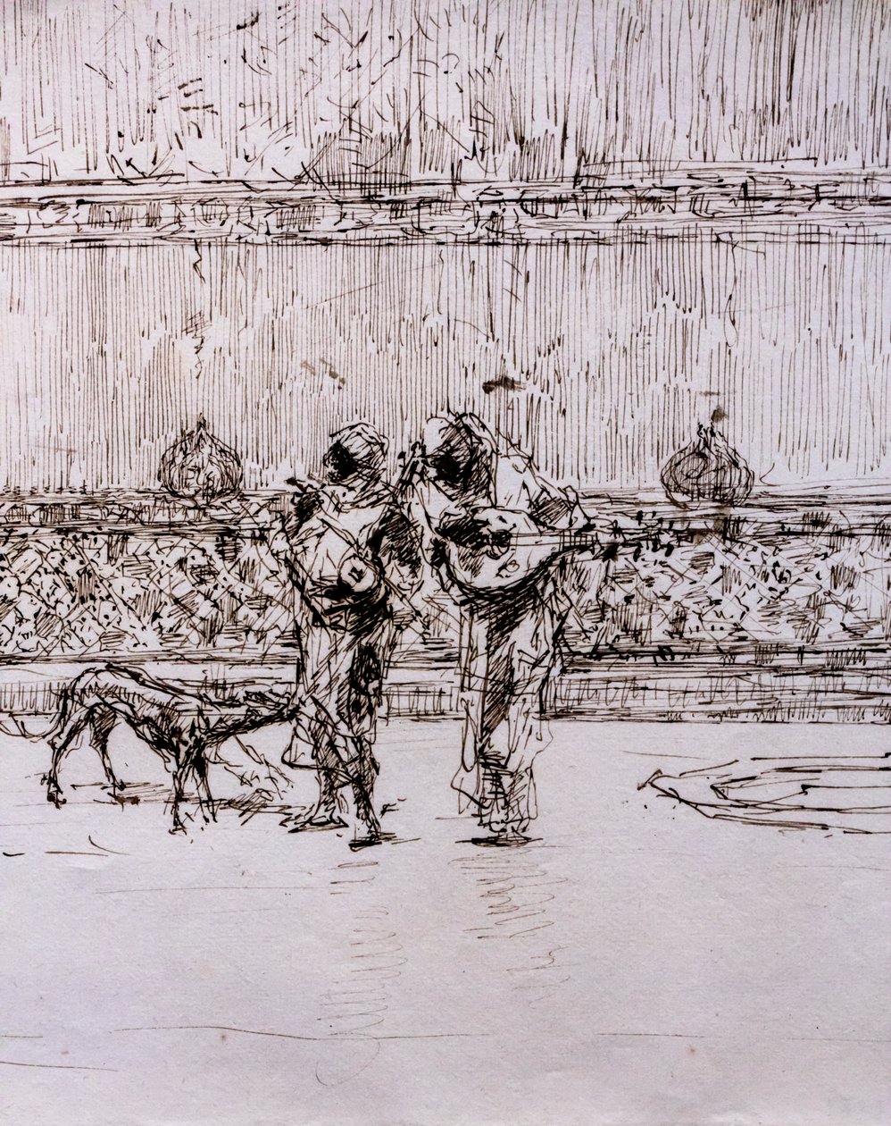 Arabscy muzycy przed mauretańskim królem, ok. 1870-71 (pióro i tusz na papierze tkanym) autorstwa Mariano Fortuny