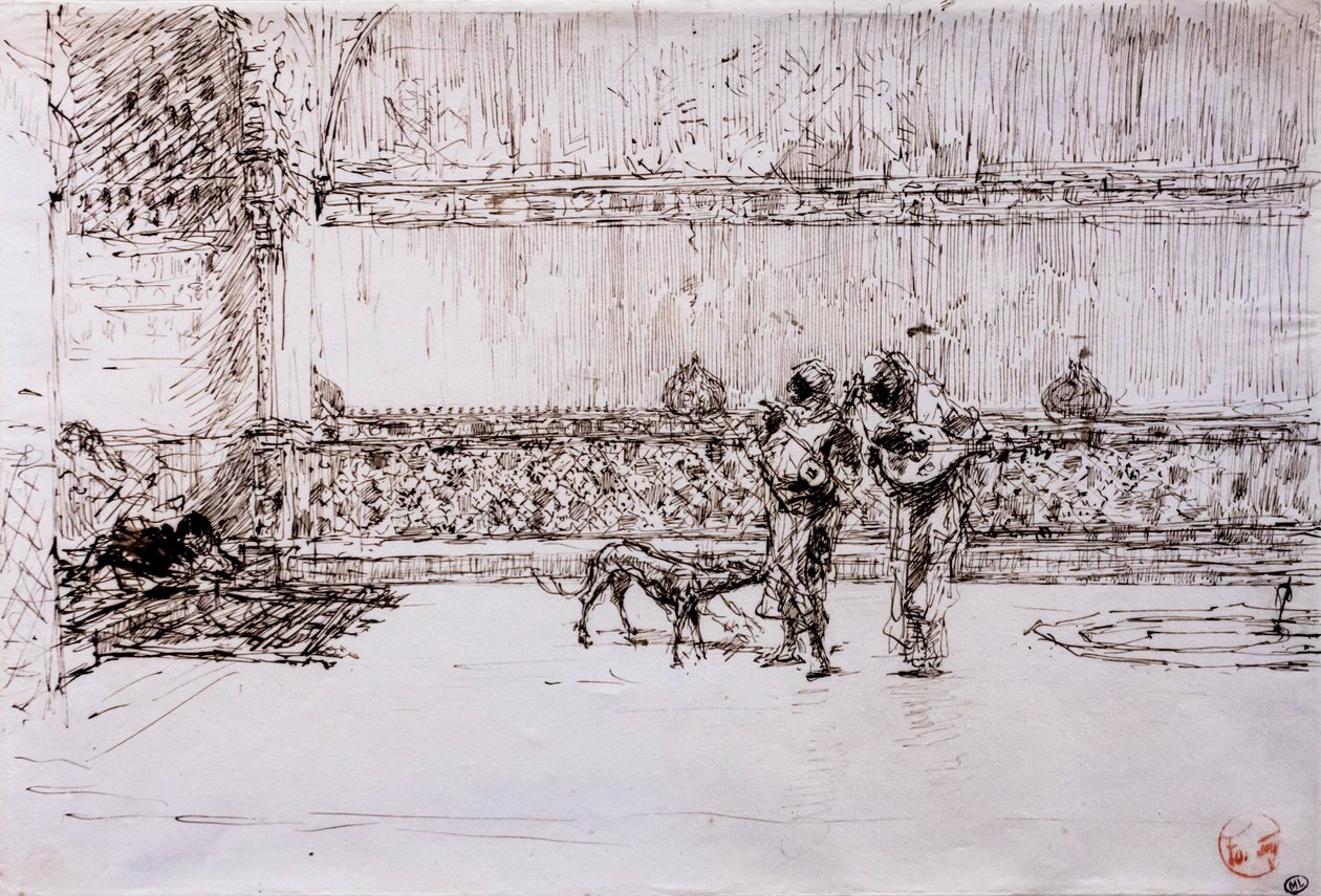 Arabscy muzycy przed mauretańskim królem, ok. 1870-71 (pióro i tusz na papierze tkanym) autorstwa Mariano Fortuny