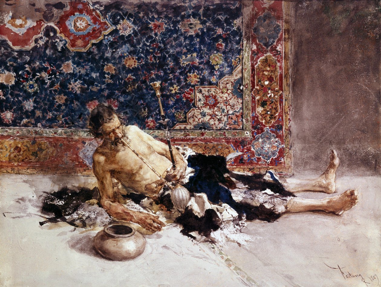 Palacz opium. Palacz opium. Obraz Mariano Fortuny y Marsal (1838-1874) autorstwa Mariano Fortuny y Marsal