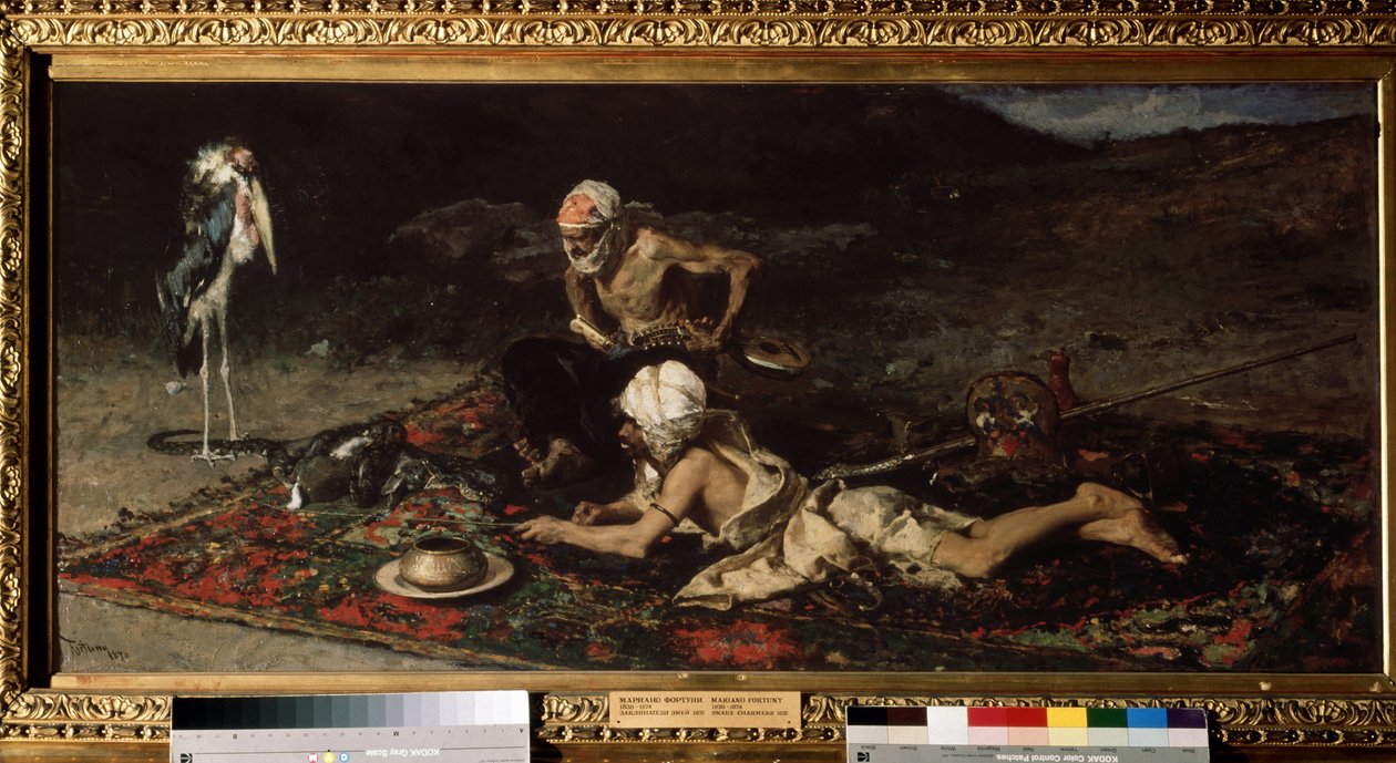 ""Zaklinacze Węży"" Hinduscy Zaklinacze Węży Oferują Królika Wężowi (Hinduscy Zaklinacze Węży) . Obraz Mariano Fortuny y Marsal (1838-1874) autorstwa Mariano Fortuny y Marsal