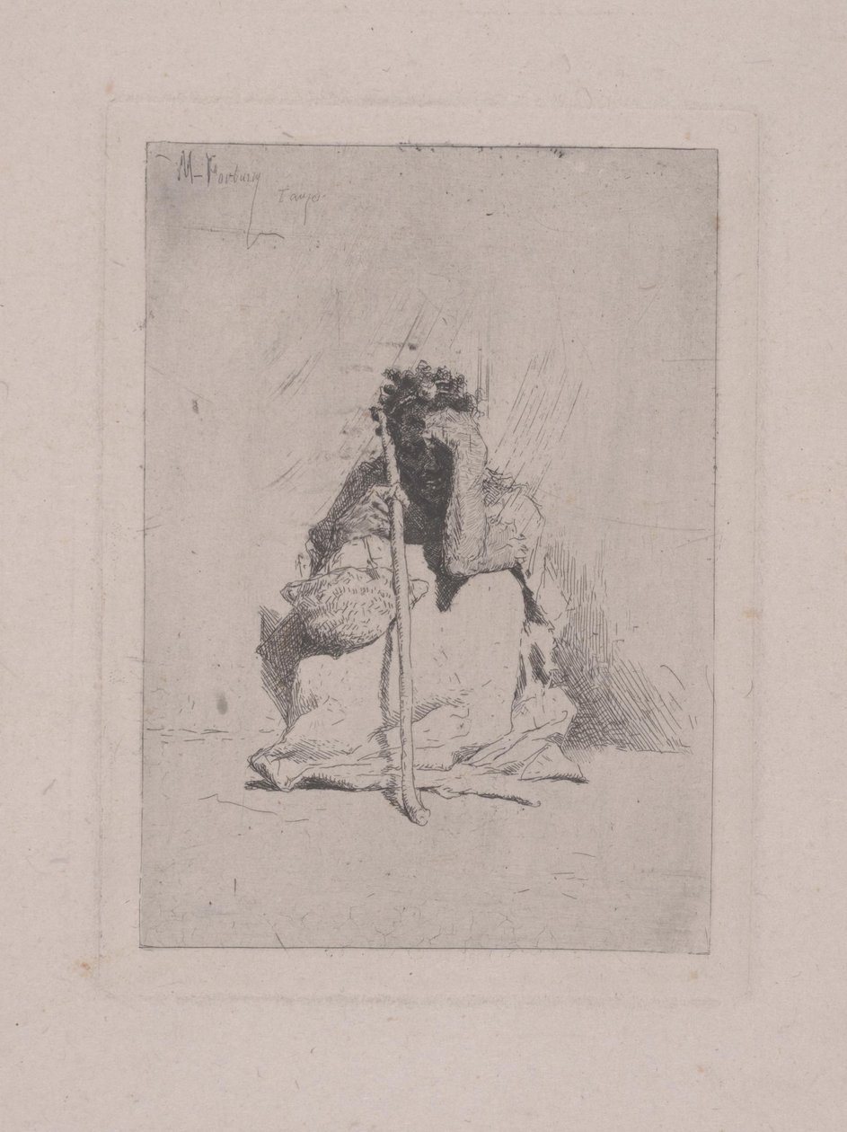 Bez tytułu - Przyczajona postać z laską (akwaforta) autorstwa Mariano José María Bernardo Fortuny y Carbó
