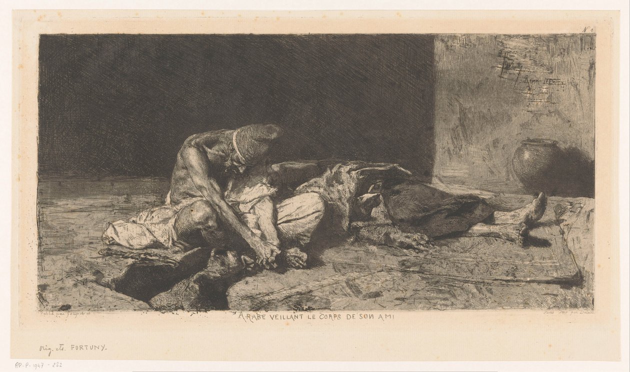 Arab czuwa nad martwym ciałem swojego przyjaciela Arabe veillant sur le corps de son ami (tytuł na obiekcie) autorstwa Mariano José María Bernardo Fortuny y Carbó