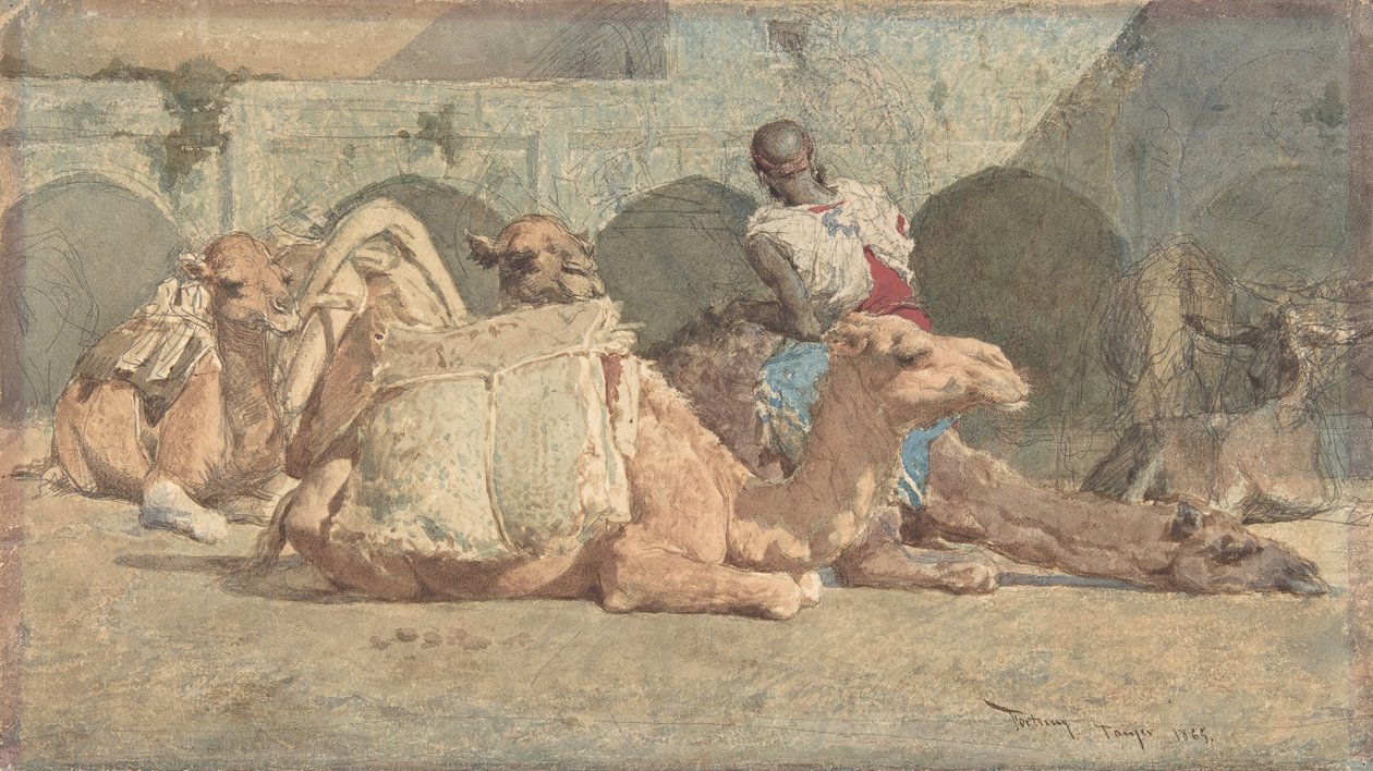 Odpoczynek wielbłądów, Tanger, ca. 1854-74. autorstwa Mariano José María Bernardo Fortuny y Carbó