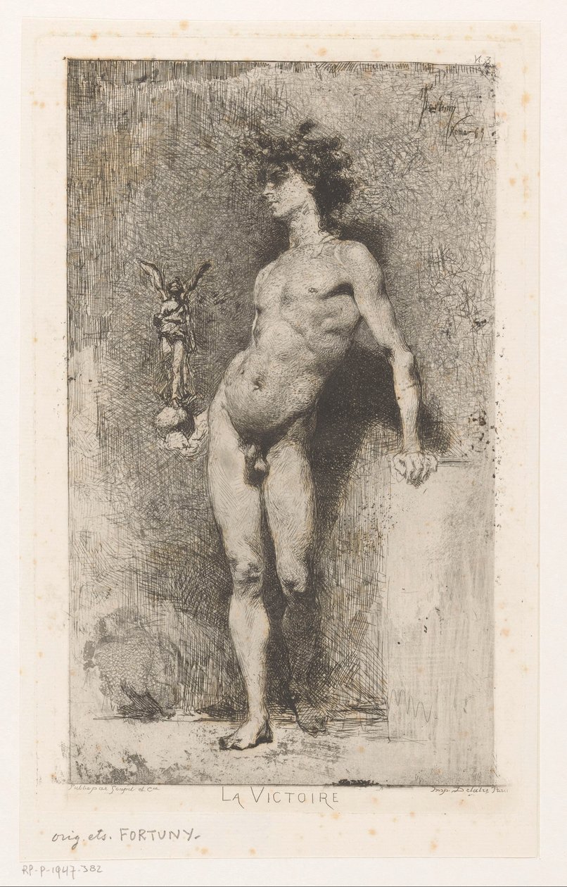 Nagi mężczyzna z Nike La Victoire (tytuł na obiekcie) autorstwa Mariano José María Bernardo Fortuny y Carbó