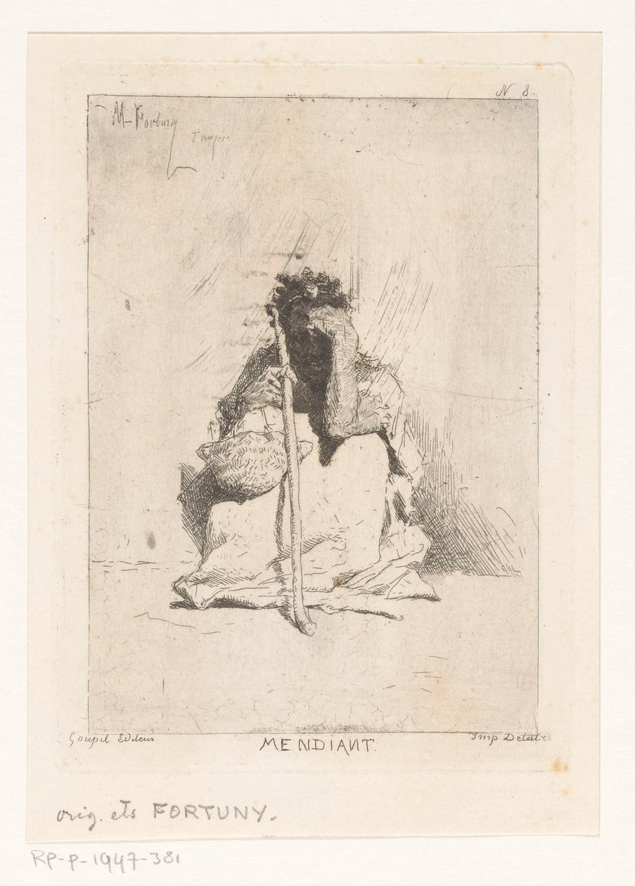 Siedzący żebrak z kijem Mendiant (tytuł na obiekcie) autorstwa Mariano José María Bernardo Fortuny y Carbó