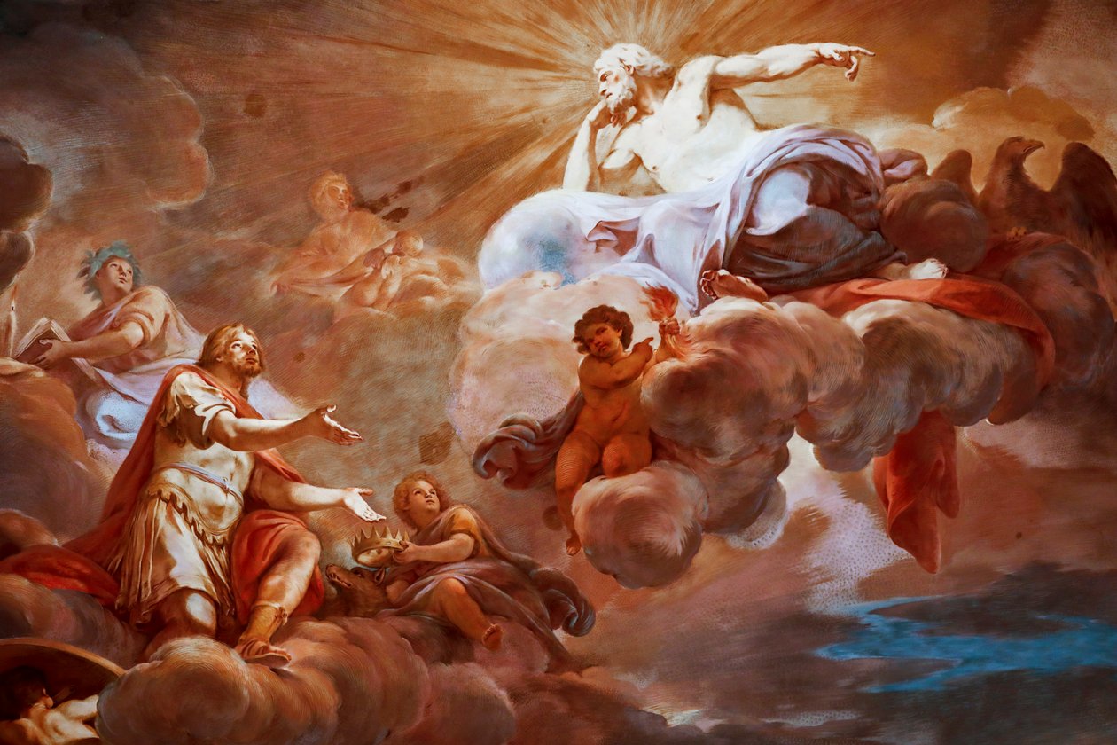 Romulus jest witany w Olympusie przez Jowisza. Fragment obrazu „Apoteoza Romulusa” 1775-1779, fresk autorstwa Mariano Rossi