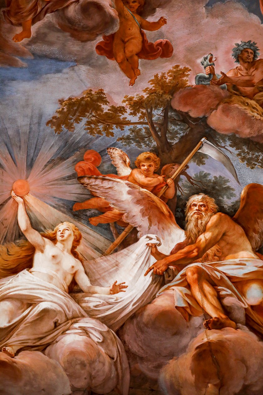 Romulus jest witany w Olympusie przez Jowisza. Fragment obrazu „Apoteoza Romulusa” 1775-1779, fresk autorstwa Mariano Rossi