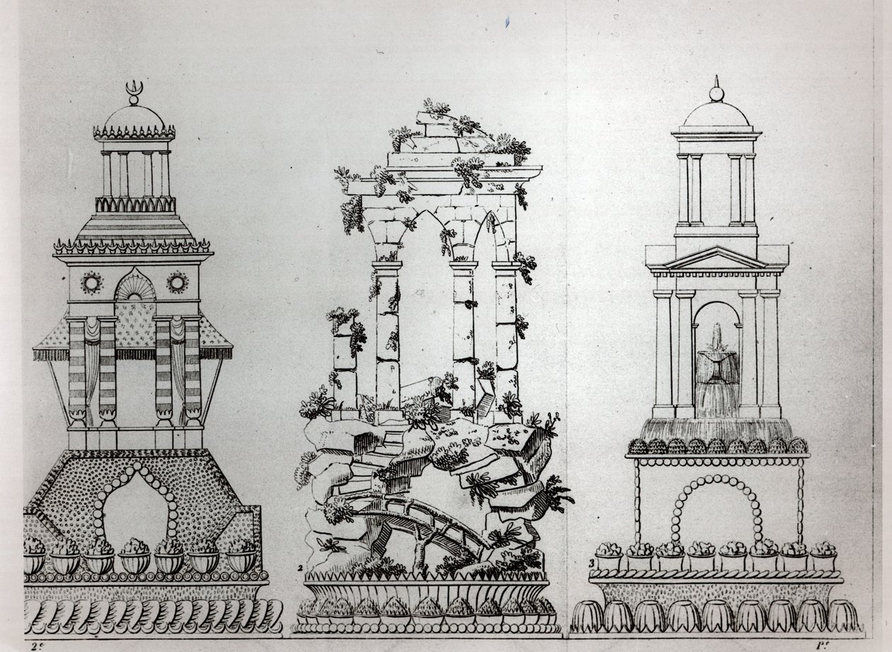 Projekty dekoracji ciast z „Le Patissier Royal parisien” Careme, tablica 28, Lipsk i Paryż, wydana w 1854 r. autorstwa Marie Antoine Careme