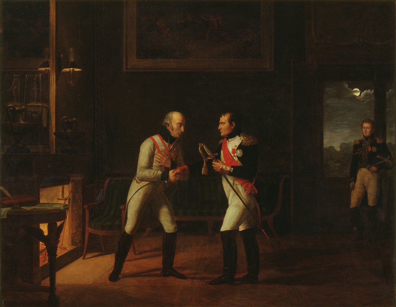 Spotkanie Napoleona Bonaparte (1769-1821) i arcyksięcia Karola (1771-1847) Austrii w Stammersdorf, 17 grudnia 1808 autorstwa Marie Nicolas Ponce Camus