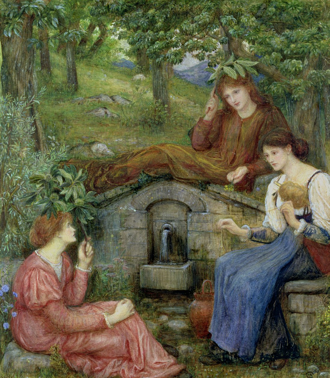 Przy czystej studni z małym polem, 1883 (wc i gwasz na papierze) autorstwa Marie Spartali Stillman
