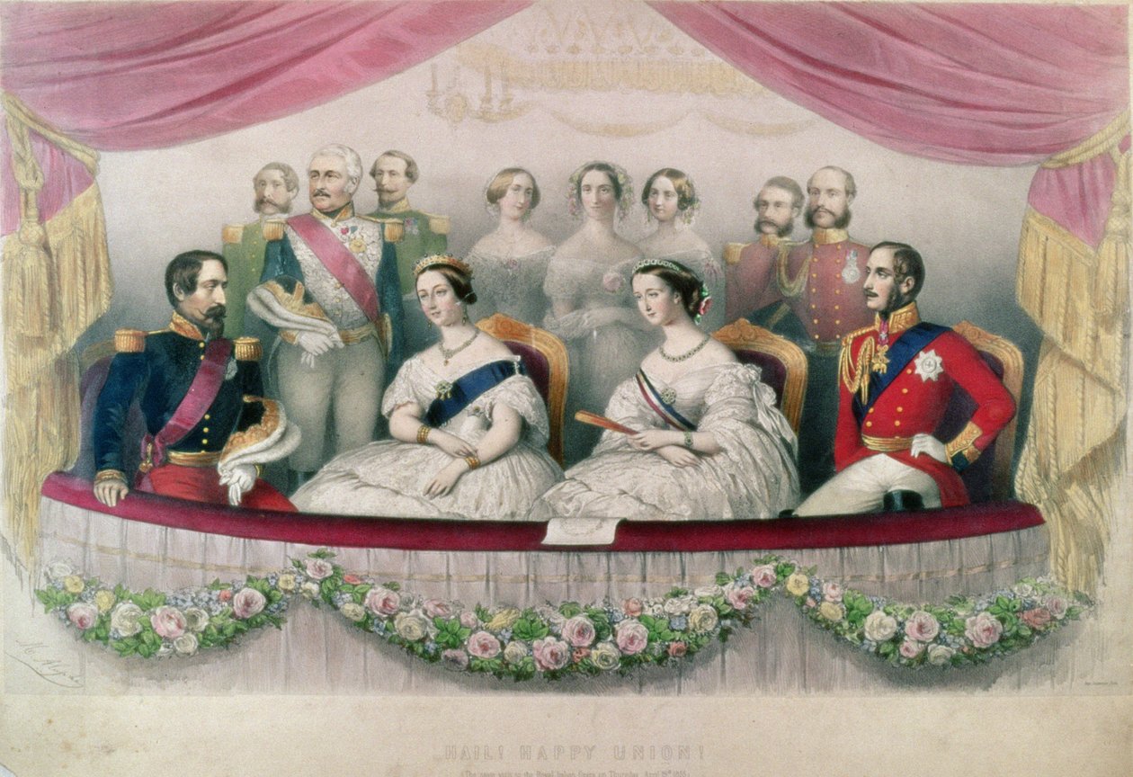 Hail Happy Union, wizyta państwowa królowej Wiktorii, księcia Alberta oraz cesarza i cesarzowej Francji w Królewskiej Operze Włoskiej, 1855 r. autorstwa Marie Alexandre Alophe
