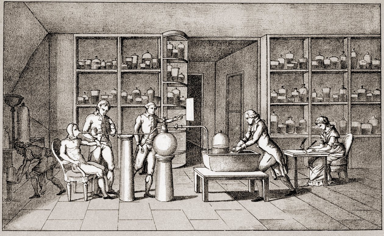 Antoine Laurent de Lavoisier (1743-1794), francuski chemik przeprowadzający eksperyment dotyczący oddychania człowieka w spoczynku. Rysunek pani Lavoisier.Paryż XVIII wiek.Kolekcja Leemage autorstwa Marie Anne Pierrette Lavoisier