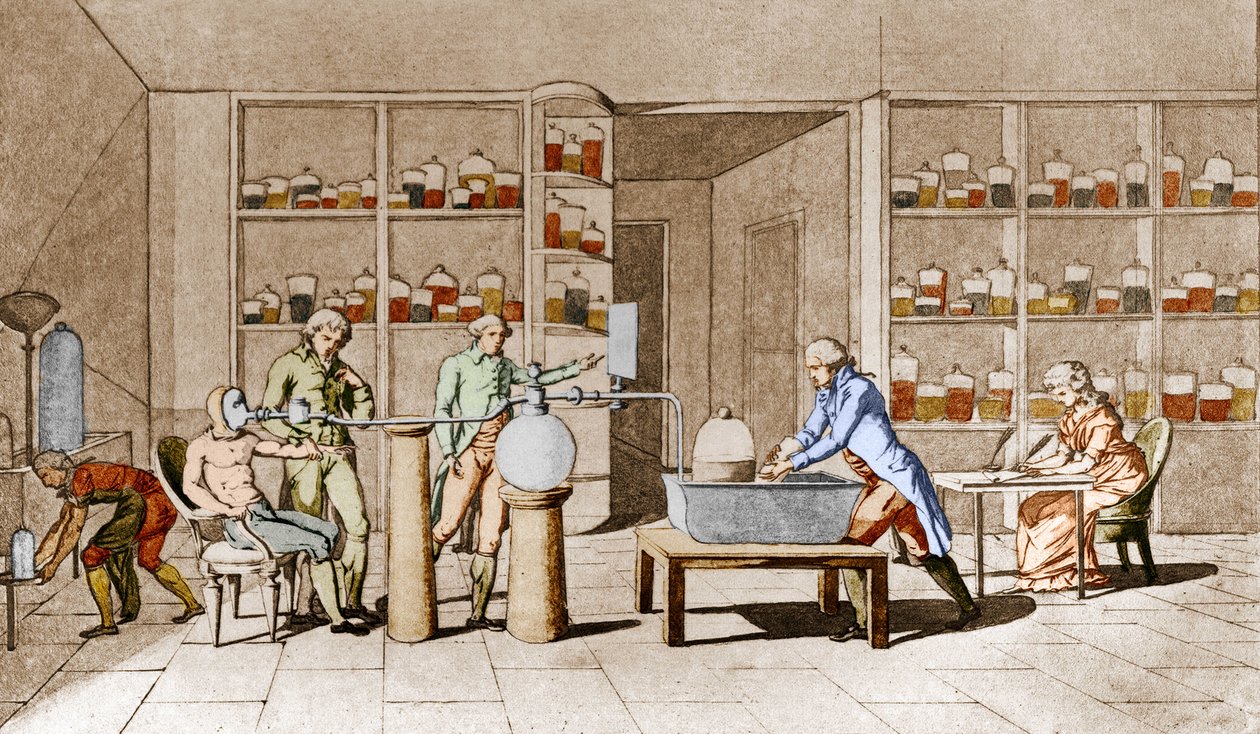 Antoine Laurent de Lavoisier (1743-1794), francuski chemik, ma doświadczenie w oddychaniu człowieka w spoczynku. Z rysunku pani Lavoisier.Paryż XVIII wiek. Kolekcja Leemage autorstwa Marie Anne Pierrette Lavoisier