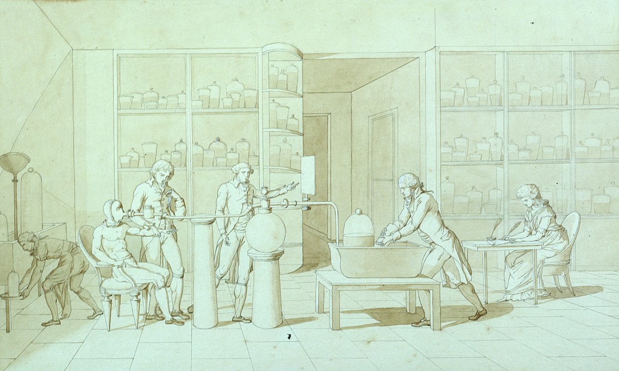 Antoine Lavoisier (1743-94) i jego eksperymenty z oddychaniem (pióro, atrament i sepia na papierze) autorstwa Marie Anne Pierrette Lavoisier