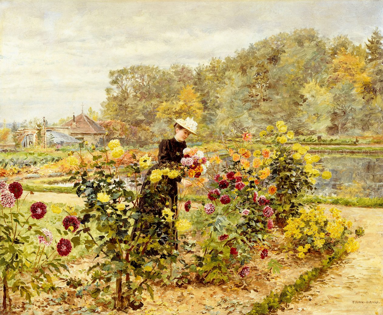 Elegancka kobieta w ogrodzie różanym, autorstwa Marie Francois Firmin Girard