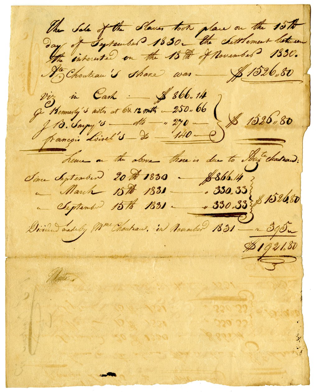 Dokument dotyczący sprzedaży niewolników i akcji przychodzący do różnych osób, listopad 1831 autorstwa Marie Therese Cerre Chouteau