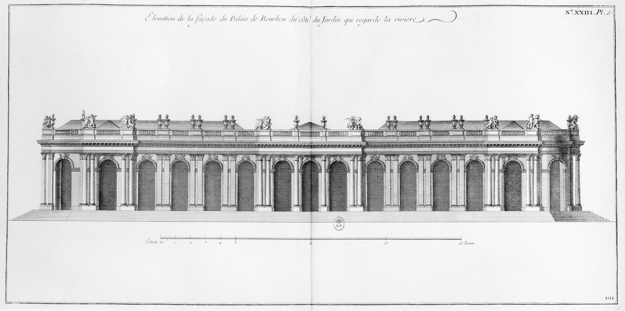 Fasada nad Sekwaną Pałacu Burbonów w Paryżu, z "Architektury francuskiej" Jacques