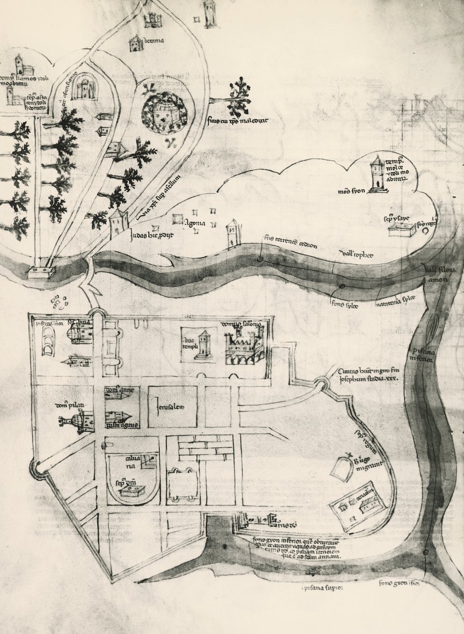 Mapa Jerozolimy, z Księgi Tajemnic Wiernych Krzyża (Liber Secretorum Fidelium Crucis) autorstwa Marino the Elder (after) Sanuto