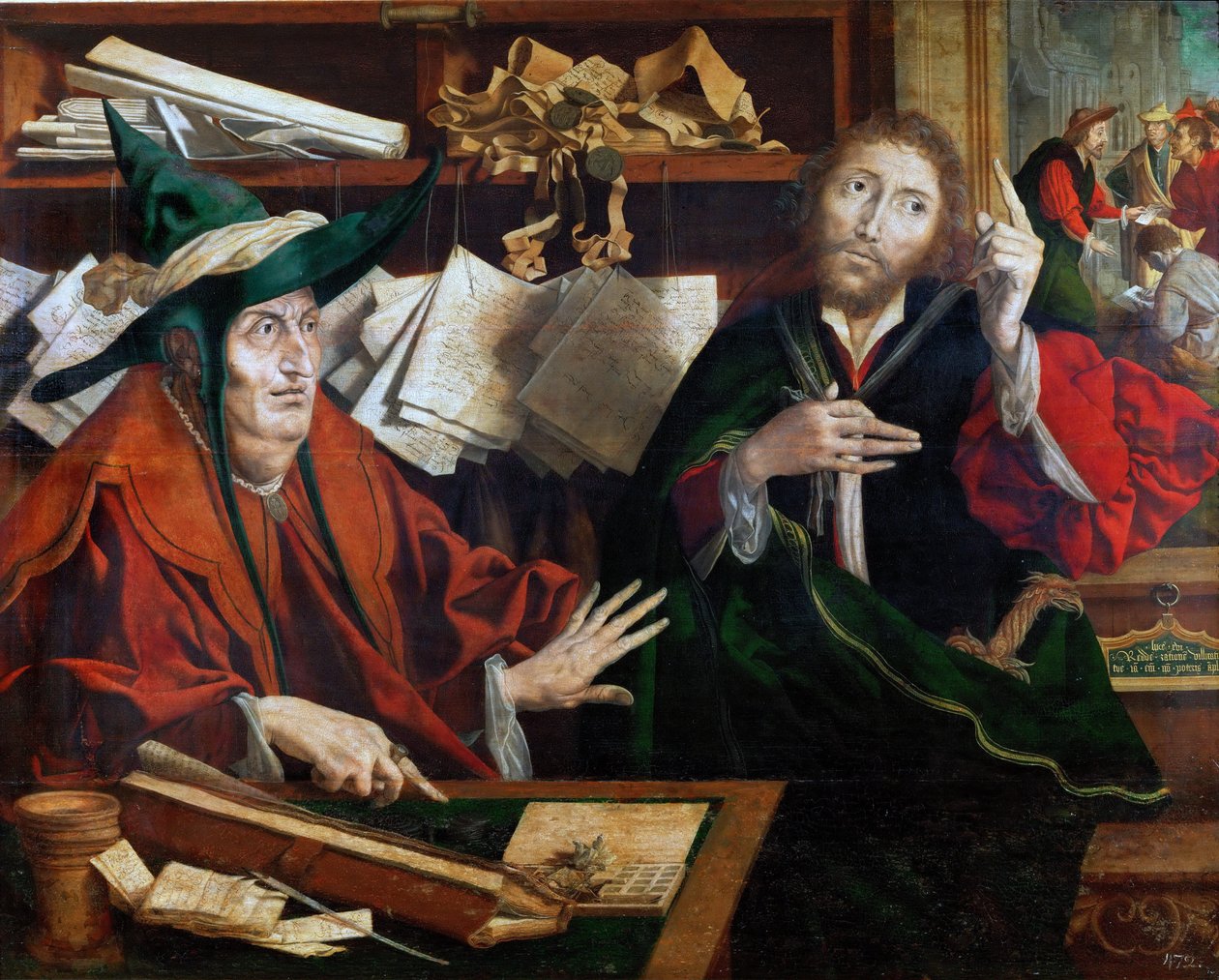 La parabole du gerant malhonnete - Przypowieść o niesprawiedliwym zarządcy, Reymerswaele, Marinus Claesz, van (ok. 1490-po 1567). Olej na drewnie, ok. 1540. Wymiar : 77x96,5 cm. Muzeum Historii Sztuki, Wiedeń autorstwa Marinus van Reymerswaele