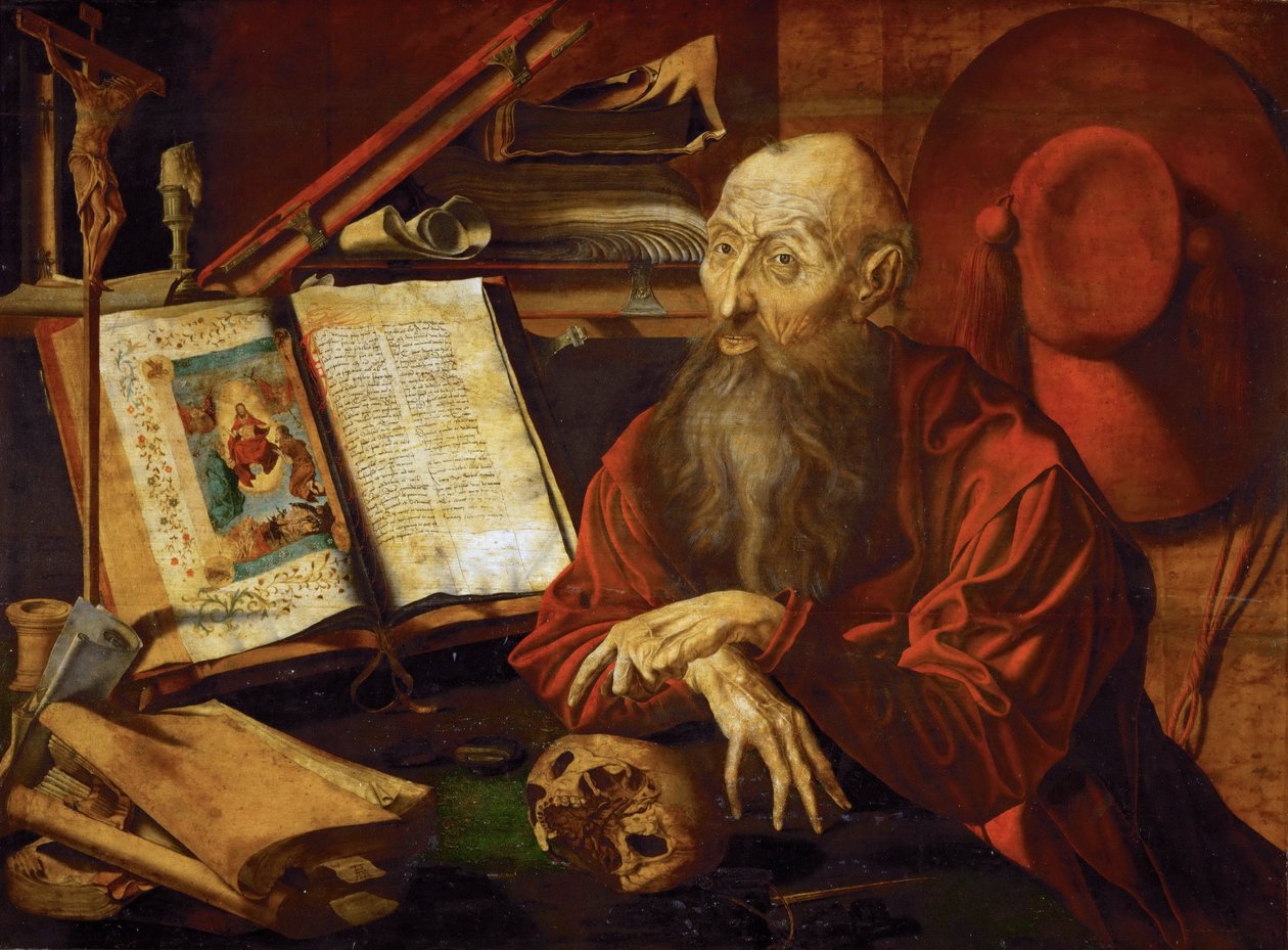 Święty Hieronim dans sa cellule - Święty Hieronim w celi, autorstwa Reymerswaele, Marinus Claesz, van (ok. 1490-po 1567). Olej na drewnie, ok. 1545. Wymiar: 80x108 cm. Muzeum Historii Sztuki, Wiedeń autorstwa Marinus van Reymerswaele