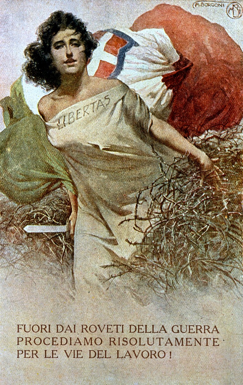 Rysunek alegorii Włoch wyzwolonych spod jarzma I wojny światowej. (kolor lito) autorstwa Mario Borgoni