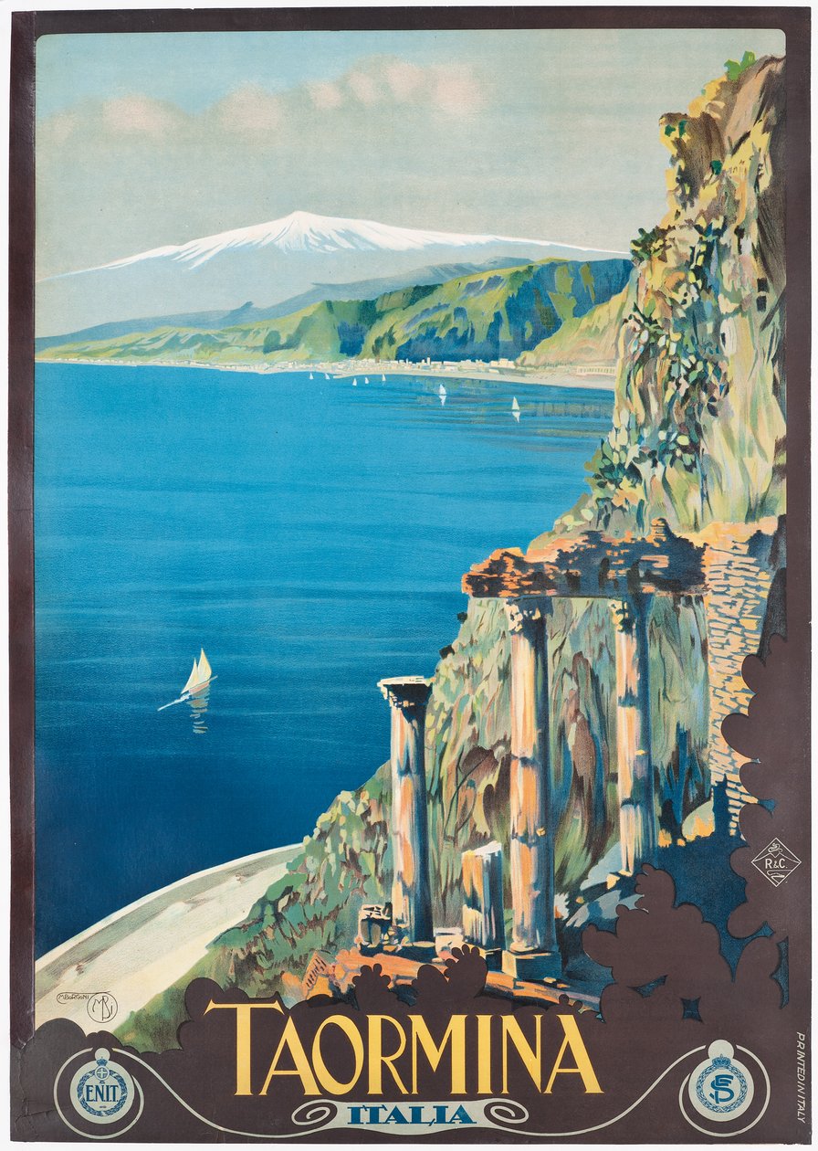 Plakat reklamujący Taorminę, ok. 1927 (litografia w kolorach) autorstwa Mario Borgoni