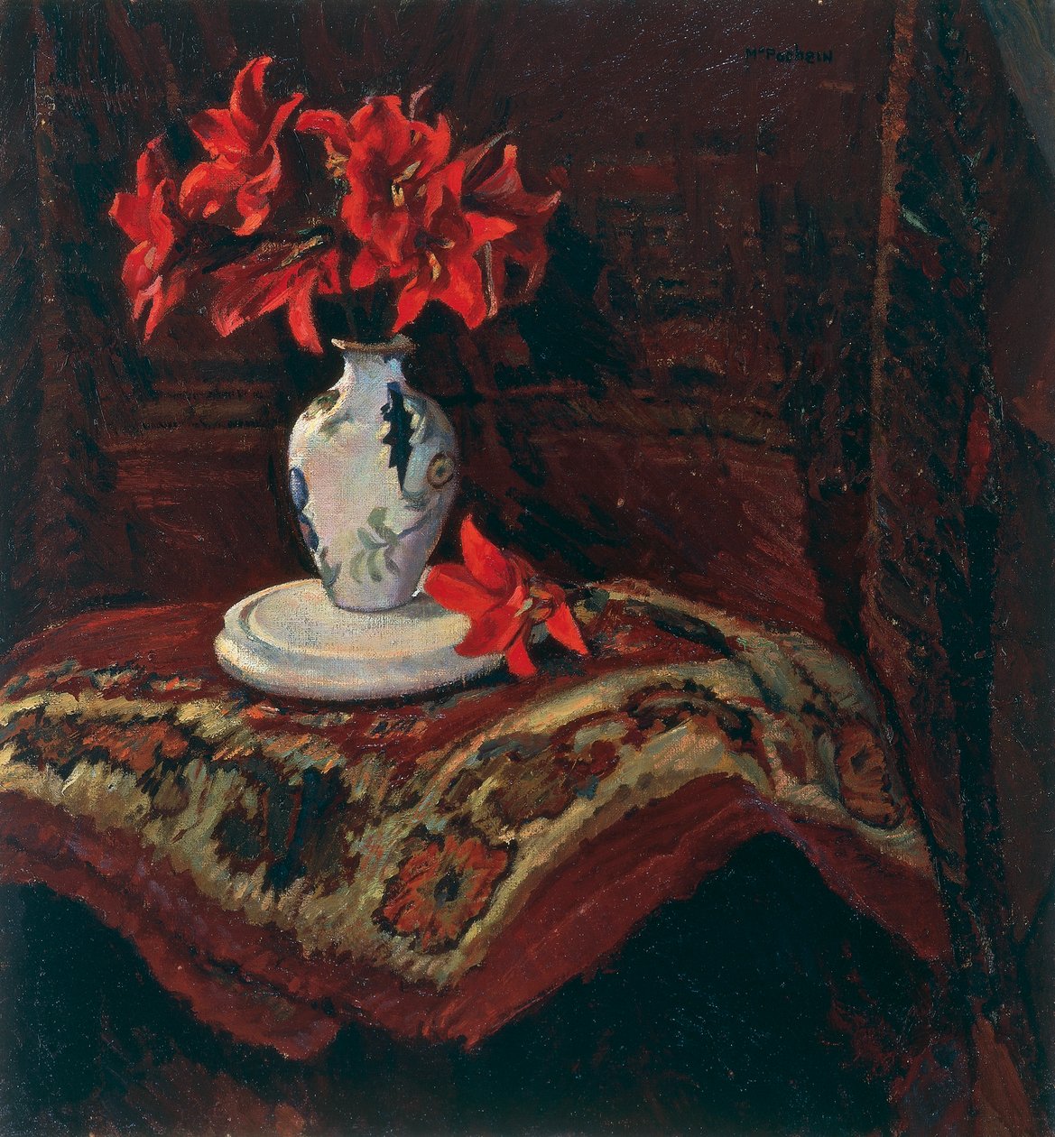 Dywan i wazon z czerwonymi liliami, autorstwa Mario Pucciniego (1869-1920), olej na płótnie, 64x59 cm. autorstwa Mario Puccini